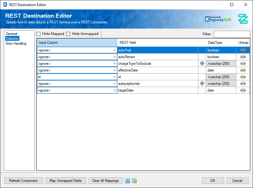 SSIS REST Zuora Destination - Columns